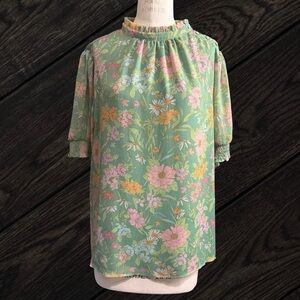 Vince Camuto Verona Gardens Sheer Puff Sleeve Floral Blouse Size XL
